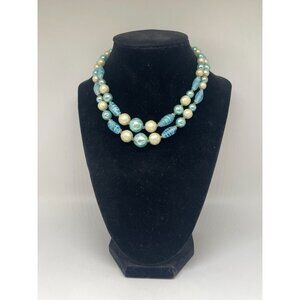 Vintage Japan Two Strand Blue and Cream Beaded Adjustable Necklace